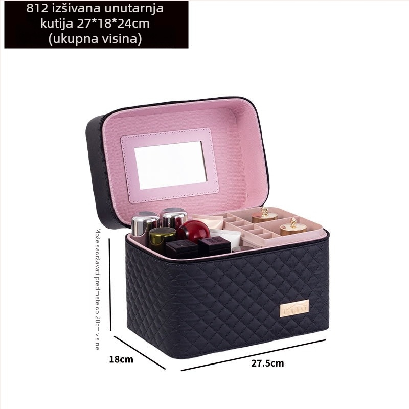 Prijenosna kozmetička torbica velike kapacitete s višeslojnim dizajnom, PU koža, izvezeni mrežasti uzorak, podstava od najlona