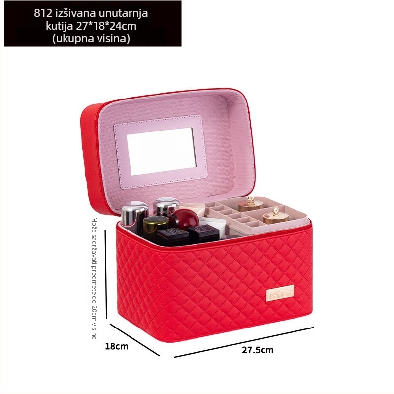 Prijenosna kozmetička torbica velike kapacitete s višeslojnim dizajnom, PU koža, izvezeni mrežasti uzorak, podstava od najlona