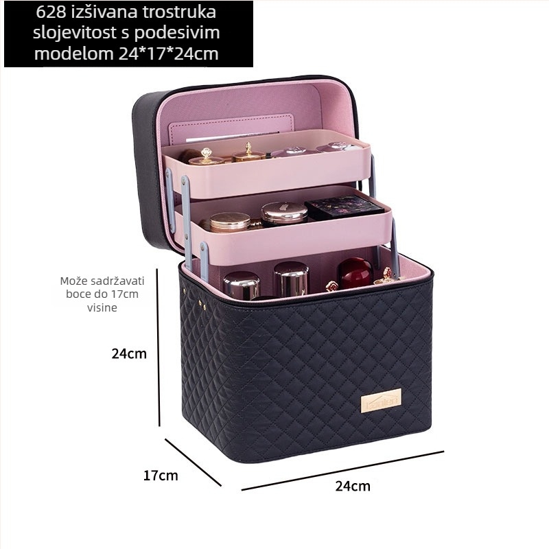 Prijenosna kozmetička torbica velike kapacitete s višeslojnim dizajnom, PU koža, izvezeni mrežasti uzorak, podstava od najlona