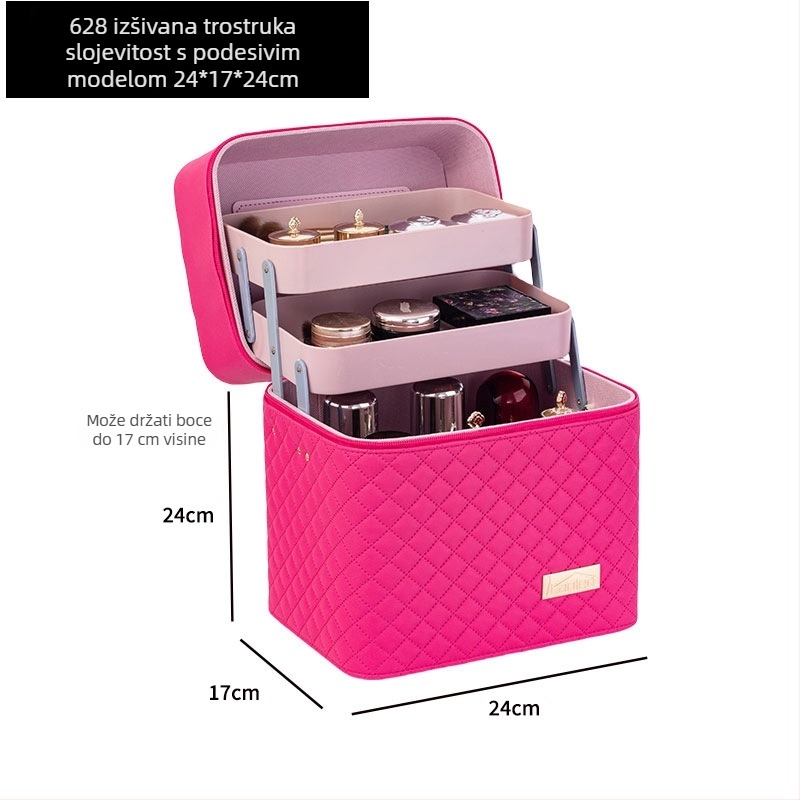 Prijenosna kozmetička torbica velike kapacitete s višeslojnim dizajnom, PU koža, izvezeni mrežasti uzorak, podstava od najlona