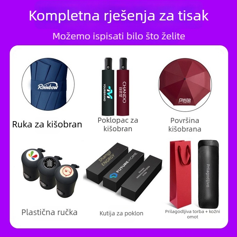 Trostruki reklamni kišobran s automatskim otvaranjem, 8 rebara, UPF>50, tisak logotipa, prilagođeni tisak
