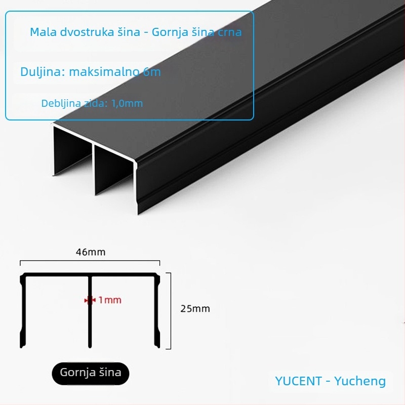 Aluminijska tračnica za klizna vrata ormara, tiši valjci, mali dvostruki tračnik (gornji i donji)