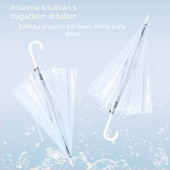 Proziran kišobran s 8 rebara, PVC platno, poluautomatsko otvaranje, duga drška, korejski stil, mogućnost tiskanja loga