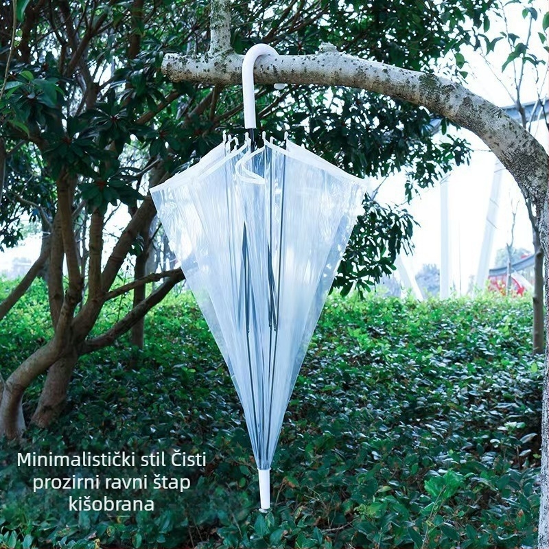 Proziran kišobran s 8 rebara, PVC platno, poluautomatsko otvaranje, duga drška, korejski stil, mogućnost tiskanja loga