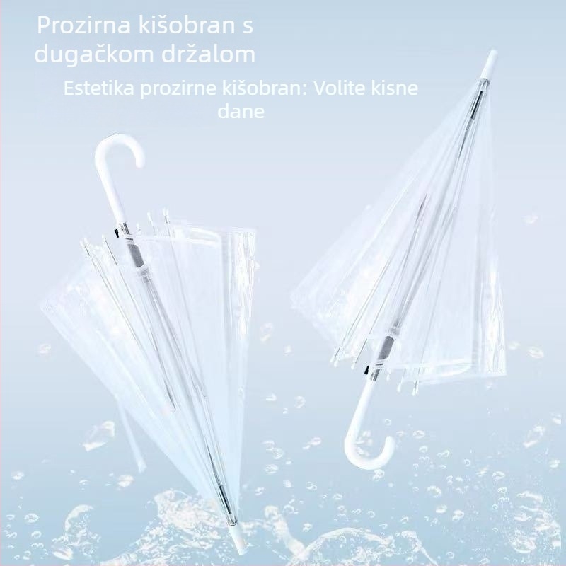 Proziran kišobran s 8 rebara, PVC platno, poluautomatsko otvaranje, duga drška, korejski stil, mogućnost tiskanja loga
