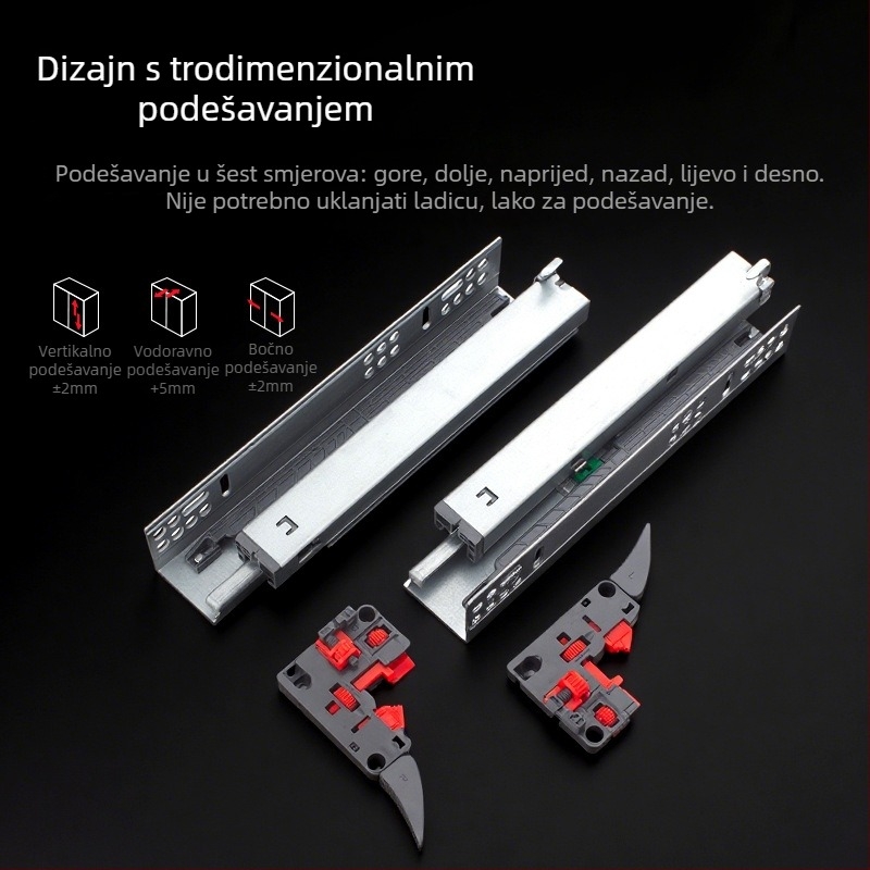 Vodič za ladicu s skrivenim troje-sekcijskim sinkronim bufferom, donja staza; Materijal: hladno valjani čelik; Površina: galvanizirana