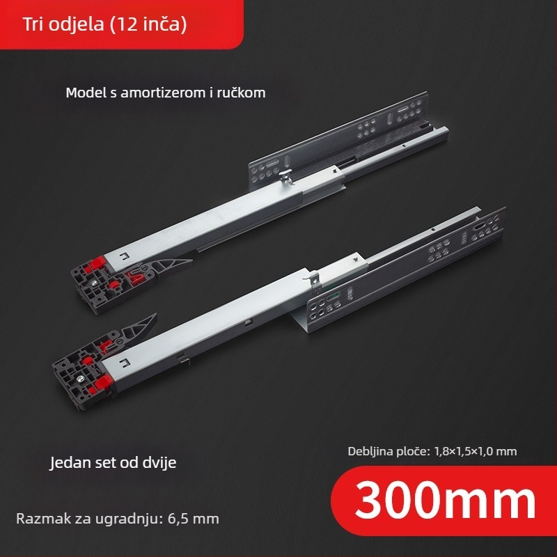 Vodič za ladicu s skrivenim troje-sekcijskim sinkronim bufferom, donja staza; Materijal: hladno valjani čelik; Površina: galvanizirana