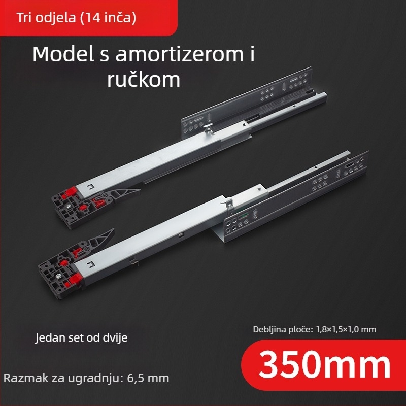 Vodič za ladicu s skrivenim troje-sekcijskim sinkronim bufferom, donja staza; Materijal: hladno valjani čelik; Površina: galvanizirana