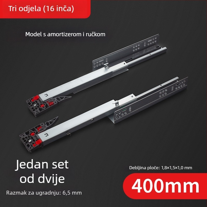 Vodič za ladicu s skrivenim troje-sekcijskim sinkronim bufferom, donja staza; Materijal: hladno valjani čelik; Površina: galvanizirana