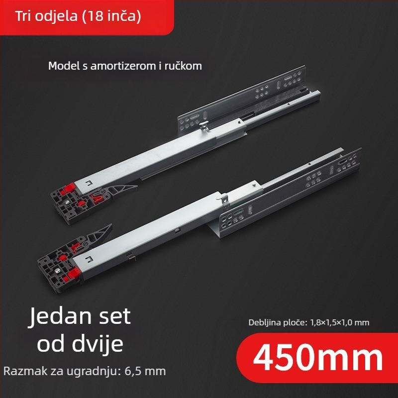 Vodič za ladicu s skrivenim troje-sekcijskim sinkronim bufferom, donja staza; Materijal: hladno valjani čelik; Površina: galvanizirana