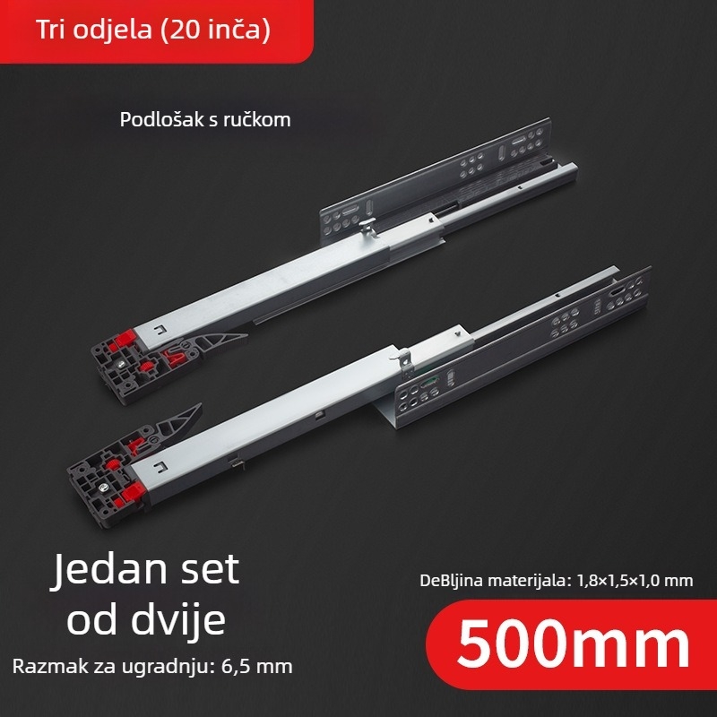 Vodič za ladicu s skrivenim troje-sekcijskim sinkronim bufferom, donja staza; Materijal: hladno valjani čelik; Površina: galvanizirana