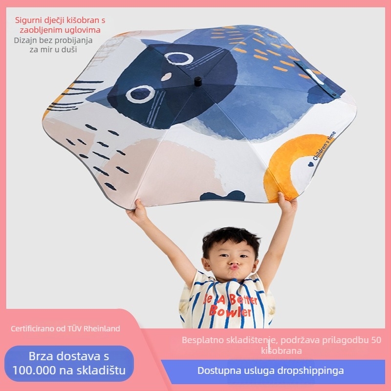 Dječji kišobran s karikaturnim dizajnom, reflektirajuća sigurnost, 6 šipki od vlakna, tkanina 210T, UPF >50, ručno otvaranje, duga drška