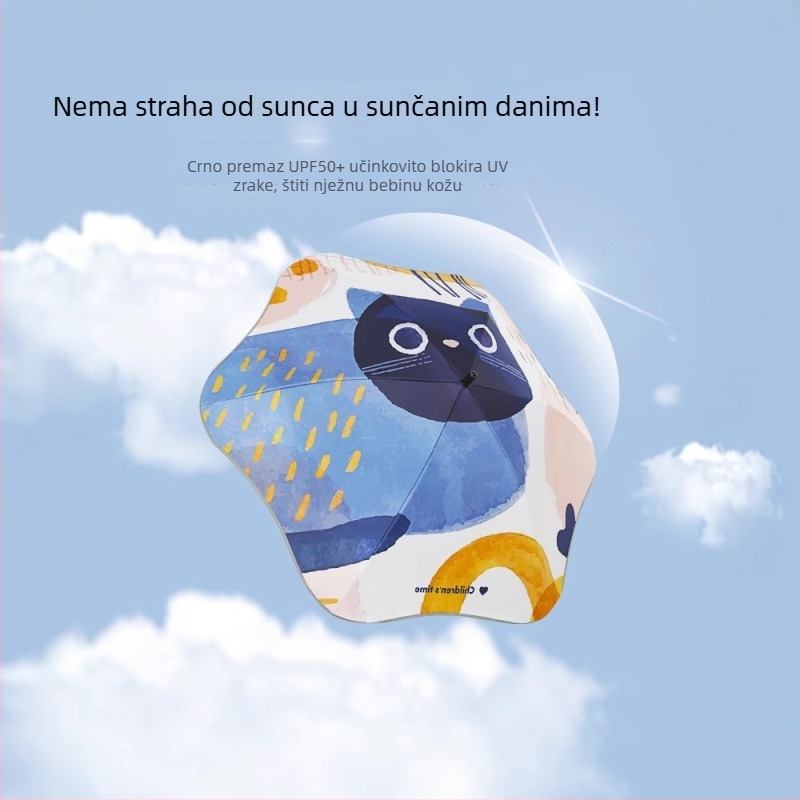 Dječji kišobran s karikaturnim dizajnom, reflektirajuća sigurnost, 6 šipki od vlakna, tkanina 210T, UPF >50, ručno otvaranje, duga drška