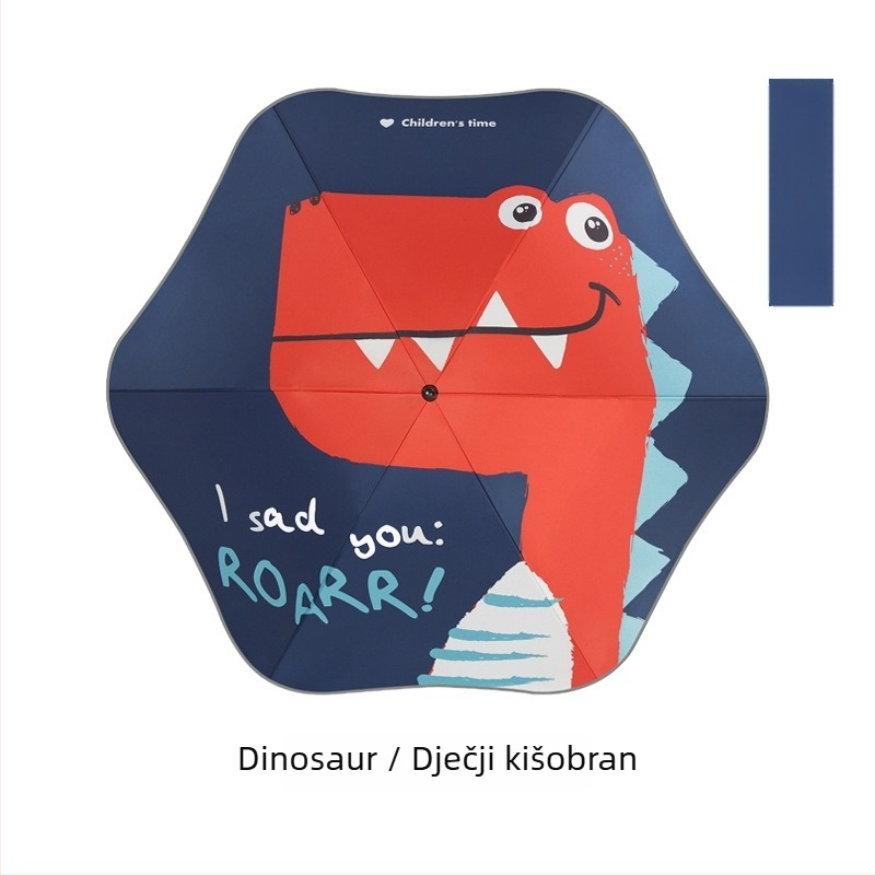 Dječji kišobran s karikaturnim dizajnom, reflektirajuća sigurnost, 6 šipki od vlakna, tkanina 210T, UPF >50, ručno otvaranje, duga drška