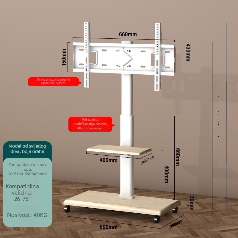 Mobilni podni nosač za TV s prostorom za pohranu, univerzalnim kotačićima, čelična konstrukcija; kompatibilan s pametnim televizorima.