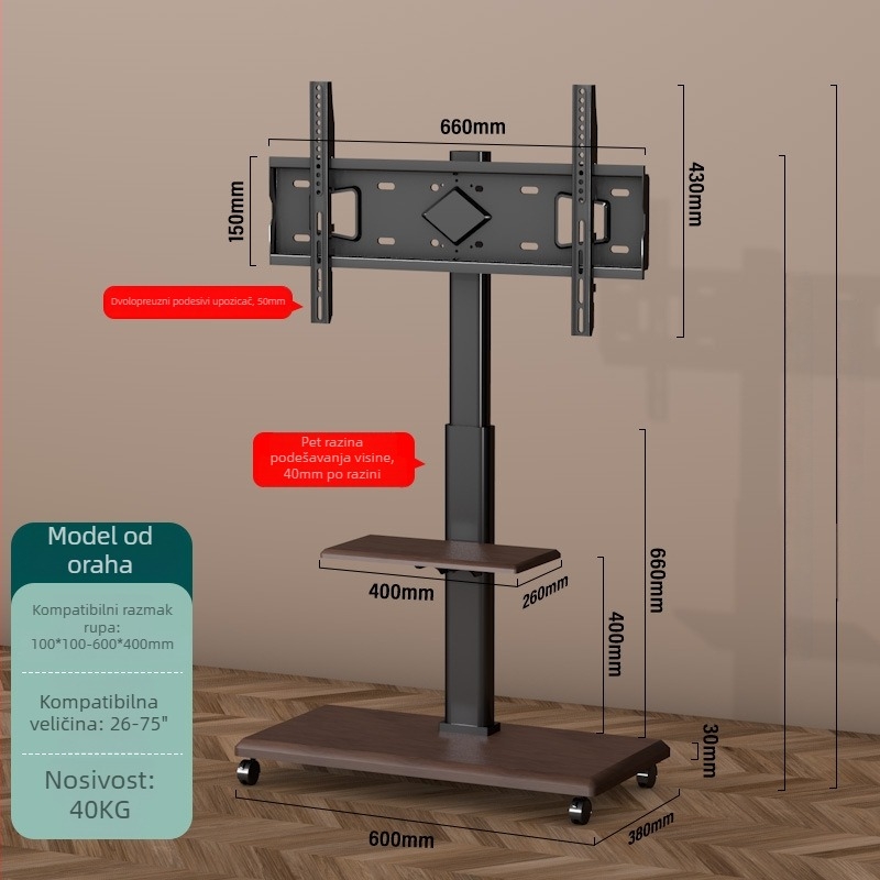 Mobilni podni nosač za TV s prostorom za pohranu, univerzalnim kotačićima, čelična konstrukcija; kompatibilan s pametnim televizorima.
