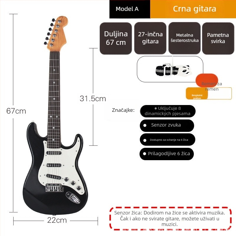 Dječja plastična električna gitara za igru – 6-žičana, početni glazbeni instrument s video vodičem