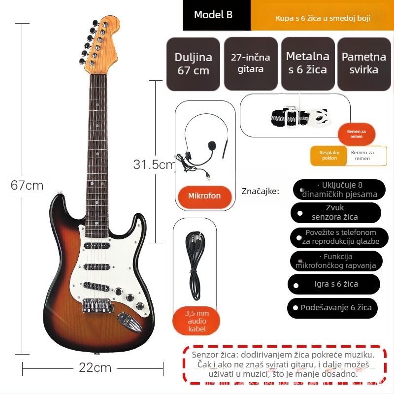 Dječja plastična električna gitara za igru – 6-žičana, početni glazbeni instrument s video vodičem