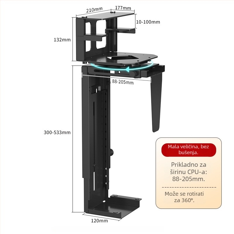 Viseći držač kućišta računala, bočno montiran klipsom, podesiv, bez bušenja, model zjj001