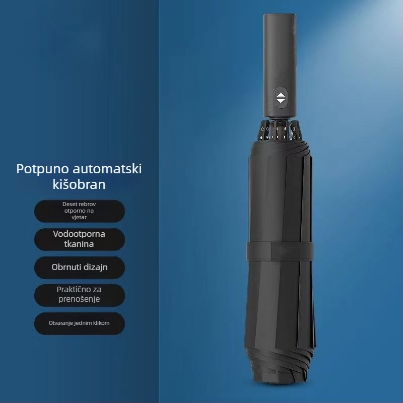 Automatski trodijelni kišobran s jačanim dizajnom za kišu i sunce, okvir sa 10 rebara, čelična šipka, vlaknaste rebne, tisk logotipa