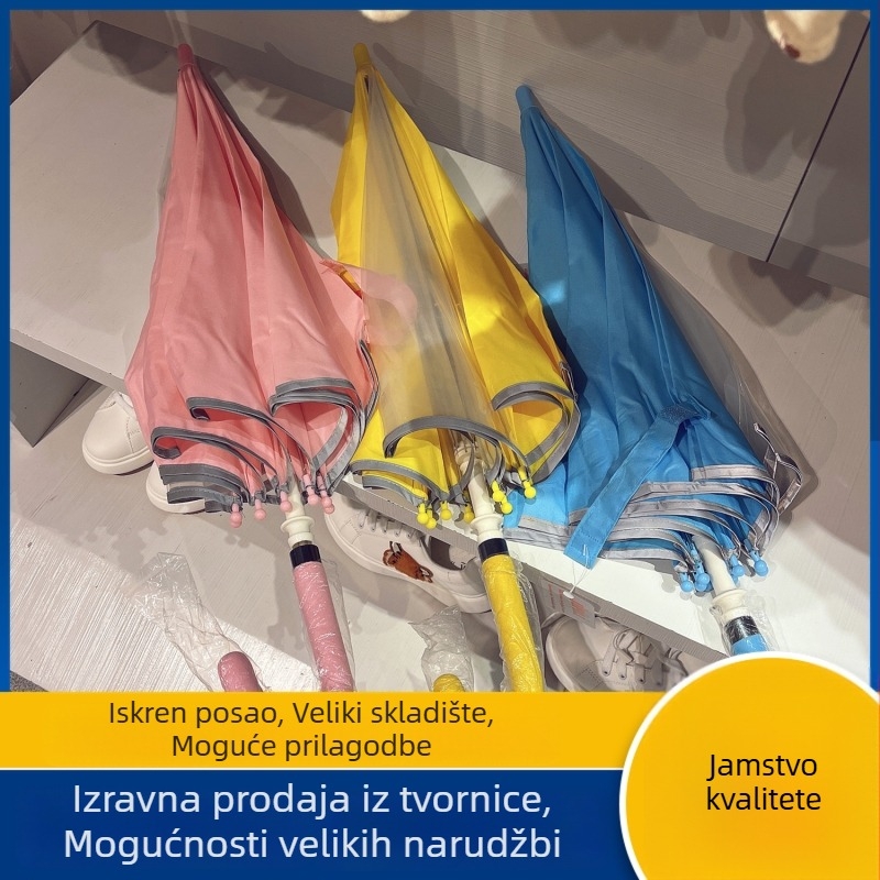 Dječji kišobran s dugim drškom, 8 rebara, željezni okvir, poliester tkanina, silikonska drška, ručno otvaranje
