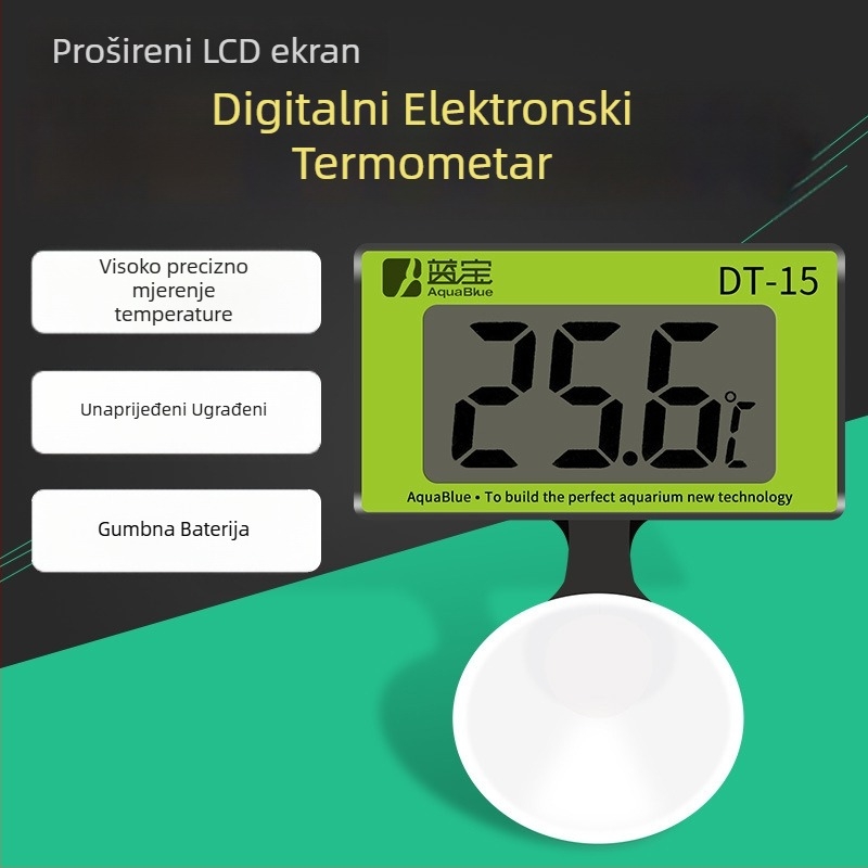 Akvarijski termometar s elektroničkim digitalnim zaslonom; visoka preciznost mjerenja temperature vode; ekološki ABS materijal.