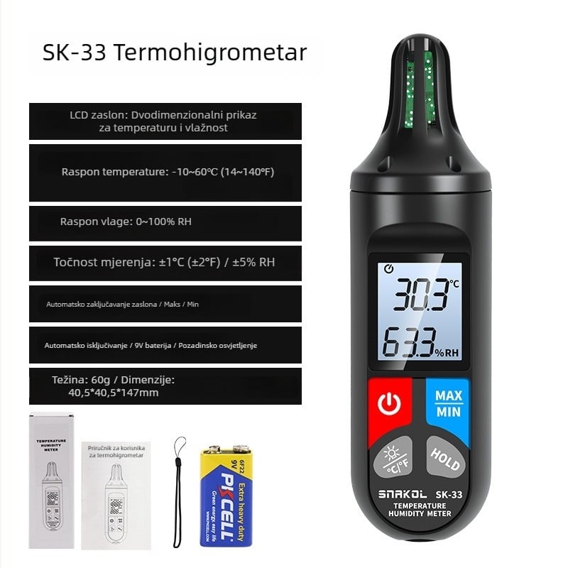 Sneco SK-33 ručni mjerač temperature i vlage – visoko precizan digitalni prikaz, industrijska razina, napajanje 9V baterijom, mjerenje okolne temperature