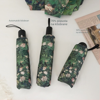 Ženska automatska kišobran za sunce, retro stil, UPF50+, 8 rebara, poliester 190T, kapsulni kompaktni dizajn s motivom ulja ruže