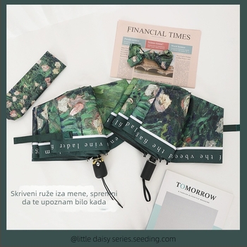 Ženska automatska kišobran za sunce, retro stil, UPF50+, 8 rebara, poliester 190T, kapsulni kompaktni dizajn s motivom ulja ruže