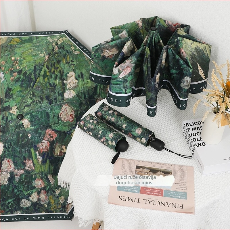 Ženska automatska kišobran za sunce, retro stil, UPF50+, 8 rebara, poliester 190T, kapsulni kompaktni dizajn s motivom ulja ruže