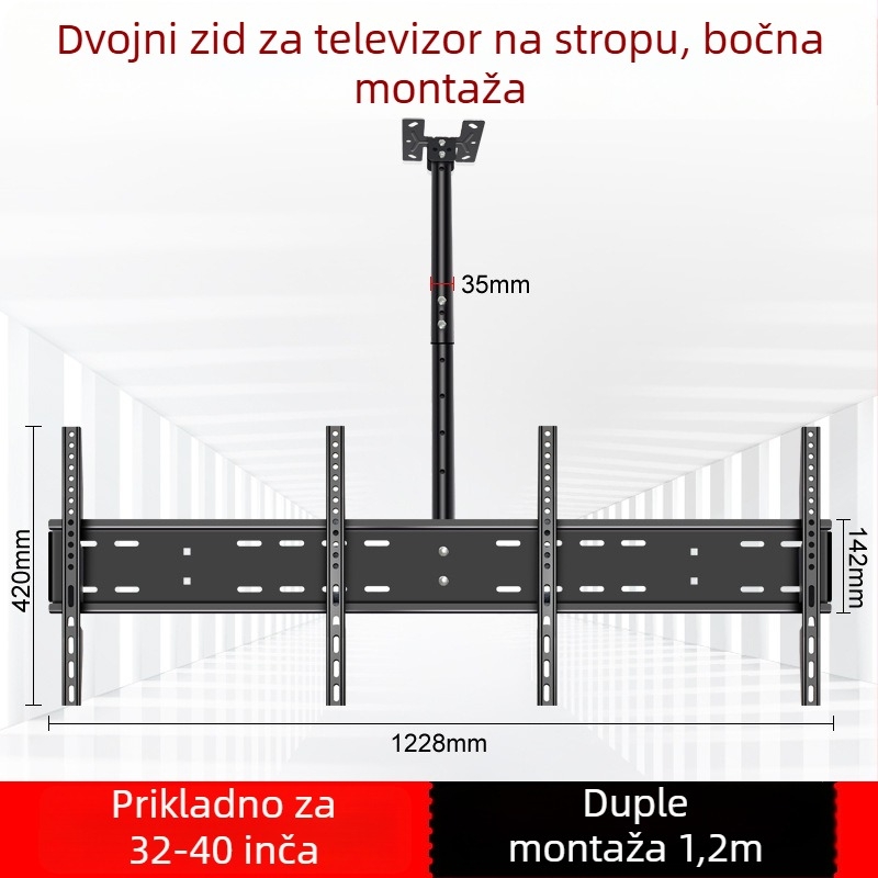 Univerzalni stropni nosač za dva televizora s dvostrukim ramenima (univerzalno; dva televizora; stropni nosač; dvostruka ramena)