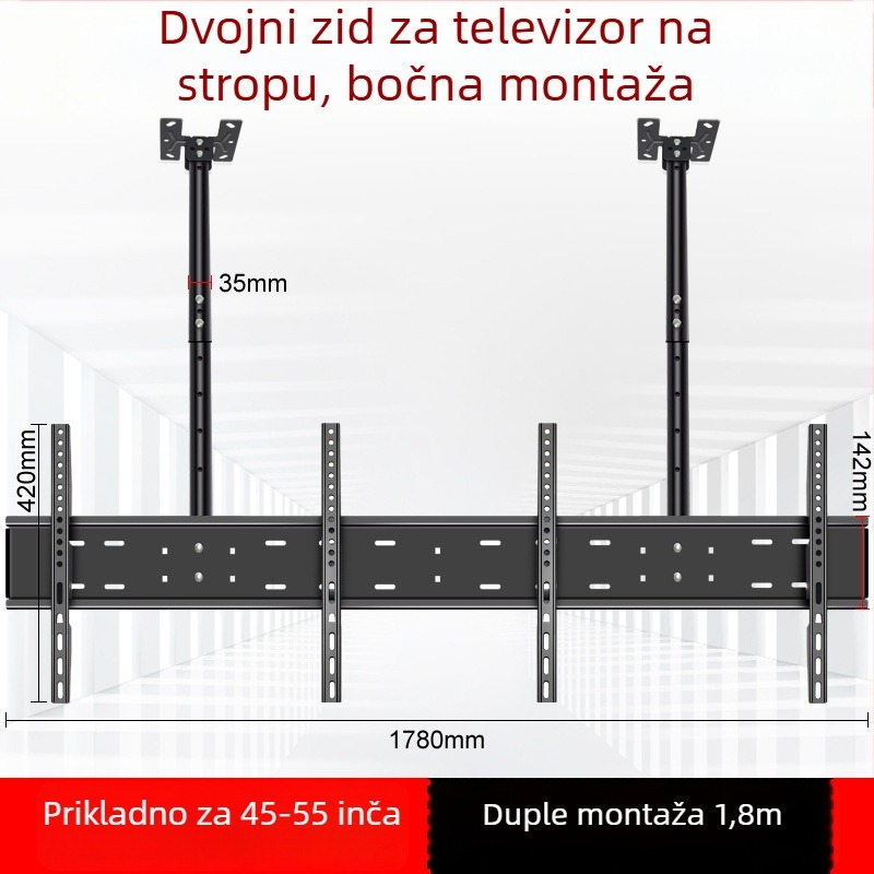 Univerzalni stropni nosač za dva televizora s dvostrukim ramenima (univerzalno; dva televizora; stropni nosač; dvostruka ramena)