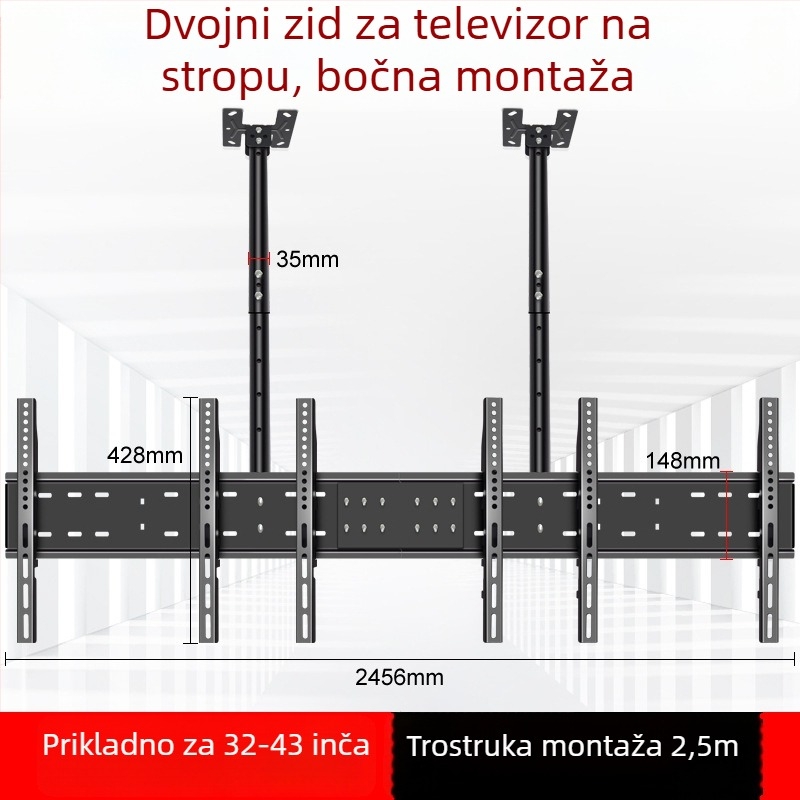Univerzalni stropni nosač za dva televizora s dvostrukim ramenima (univerzalno; dva televizora; stropni nosač; dvostruka ramena)
