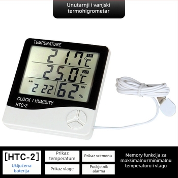 Digitalni mjerač temperature i vlage HTC: raspon temperature -50...70 °C; vlaga 10...90% RH; točnost temperatura ±1 °C; točnost vlage ±5% RH.