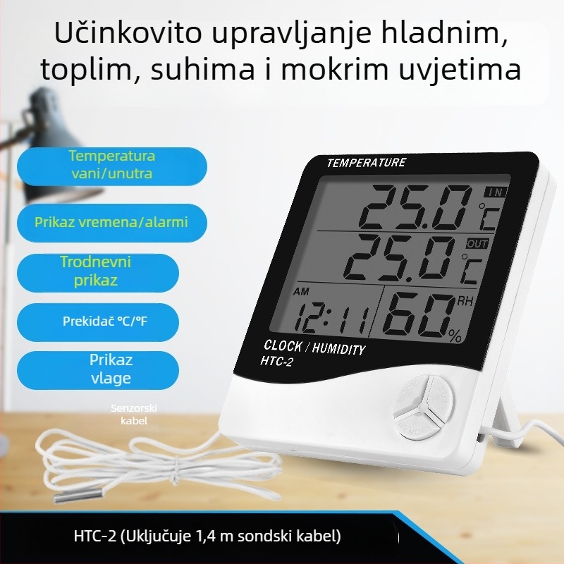 Digitalni mjerač temperature i vlage HTC: raspon temperature -50...70 °C; vlaga 10...90% RH; točnost temperatura ±1 °C; točnost vlage ±5% RH.