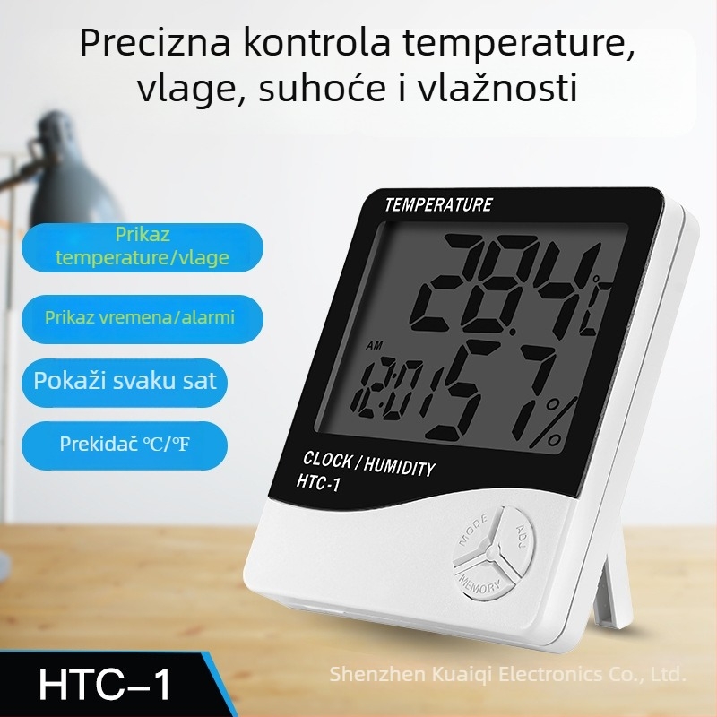 Digitalni mjerač temperature i vlage HTC: raspon temperature -50...70 °C; vlaga 10...90% RH; točnost temperatura ±1 °C; točnost vlage ±5% RH.