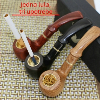 Srednje veličine drvena lula s zakrivljenim držalom, bakrena zdjela, trostruka upotreba, ljubičasto sandalovo drvo i ružino drvo, aktivni ugljen filtr