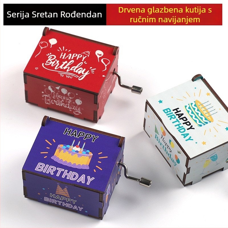 Drvena ručno pokretana glazbena kutija, šesterostrano oslikana površina, crtani stil, prilagodba i tisk logotipa