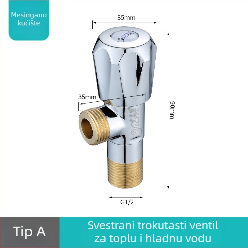 Bakarni kutni ventil za toplu i hladnu vodu, 1 ulaz, 2 izlaza, promjer otvora 12,5 mm, radni tlak 0,08–0,1 MPa