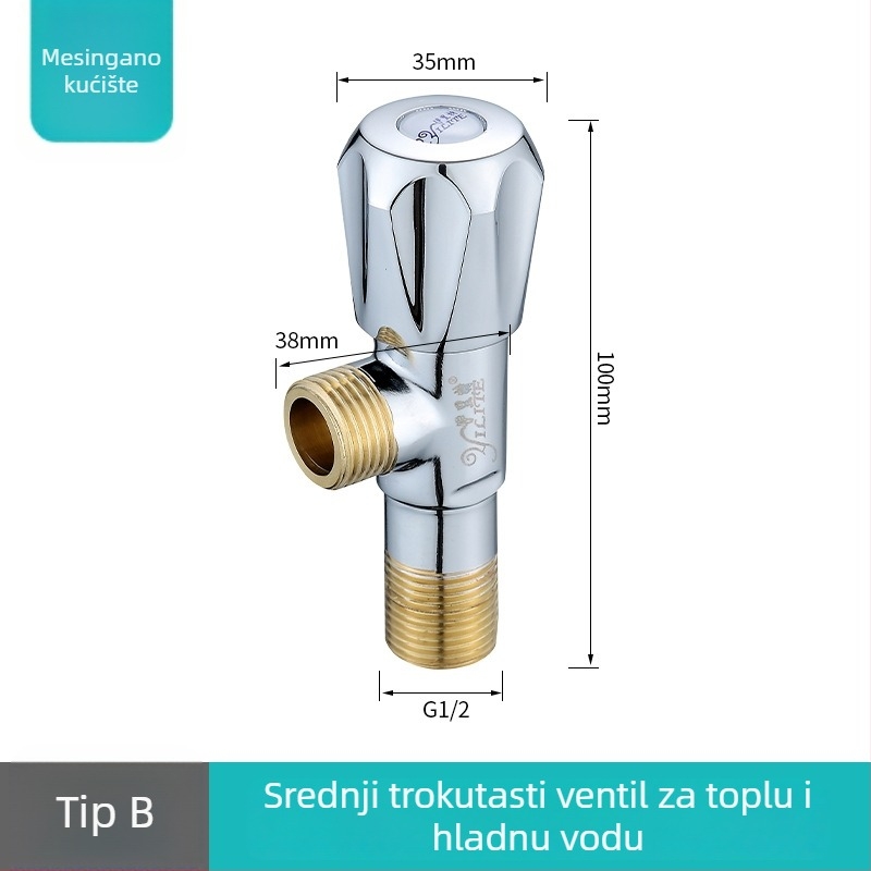 Bakarni kutni ventil za toplu i hladnu vodu, 1 ulaz, 2 izlaza, promjer otvora 12,5 mm, radni tlak 0,08–0,1 MPa