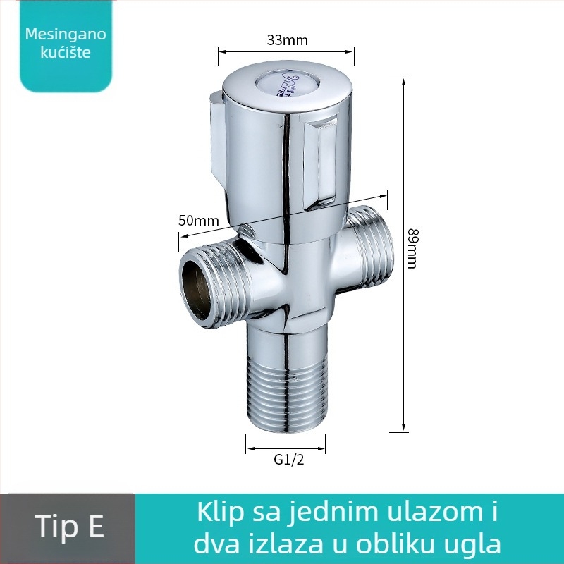 Bakarni kutni ventil za toplu i hladnu vodu, 1 ulaz, 2 izlaza, promjer otvora 12,5 mm, radni tlak 0,08–0,1 MPa