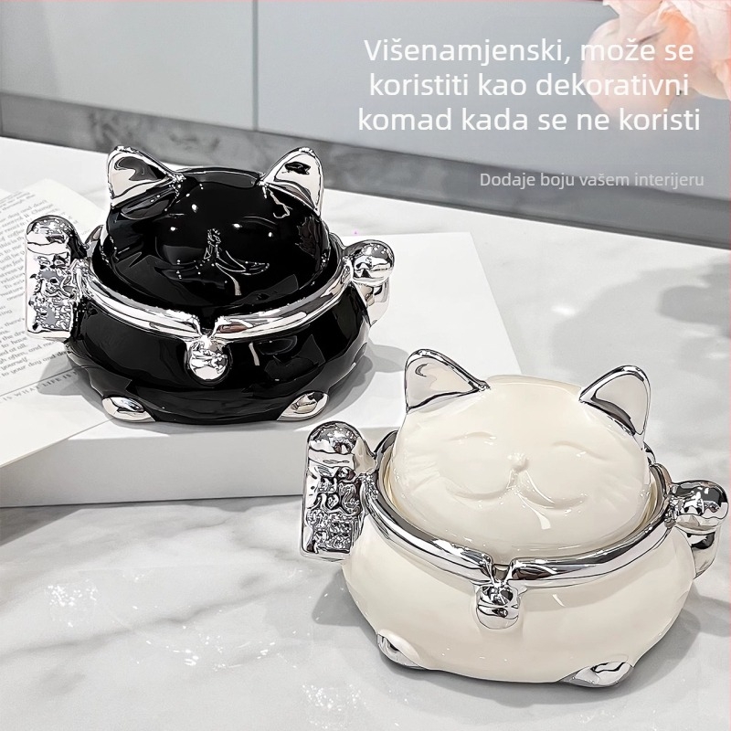 Keramička pepeljara Maneki-Neko s poklopcem – moderan kreativni dizajn, prilagodljivo, stilovi nordijski / crtani / novi kineski stil, Benyi Home Furnishings