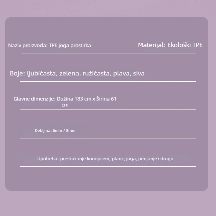 Joga mat, debljine 6–8 cm, jednobojni dizajn, mogućnost prilagodbe, pogodna za fitness i ples.
