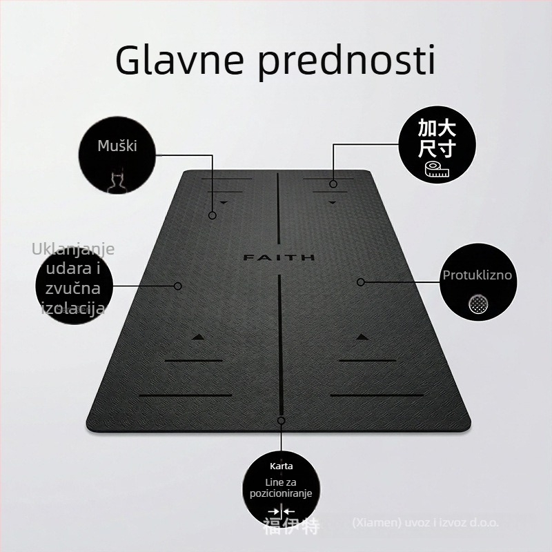 Joga podloga s produženom dužinom i širinom, protuklizna, zvučno-apsorpcijska i udarne apsorpcija, materijal TPE; težina oko 850 g; debljina 0,8 cm; crte za držanje tijela; mogućnost prilagodbe