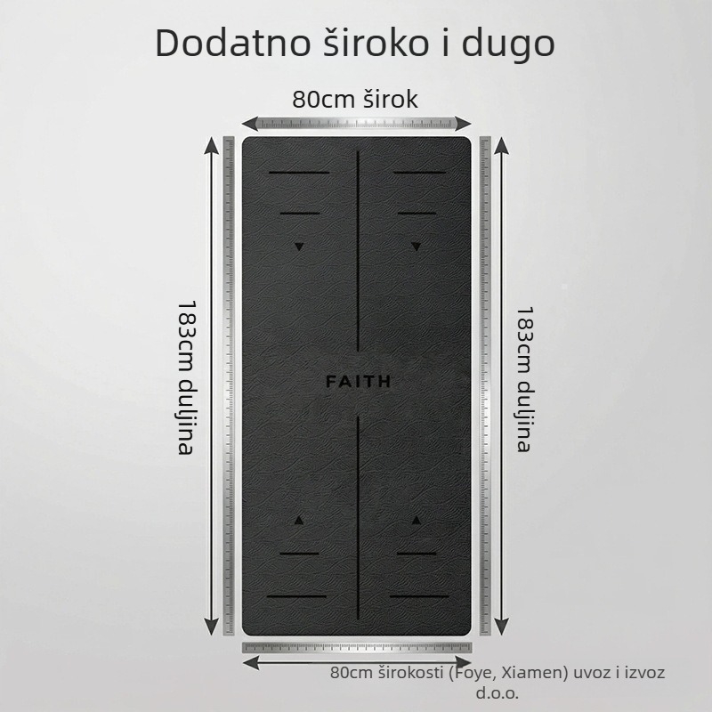 Joga podloga s produženom dužinom i širinom, protuklizna, zvučno-apsorpcijska i udarne apsorpcija, materijal TPE; težina oko 850 g; debljina 0,8 cm; crte za držanje tijela; mogućnost prilagodbe
