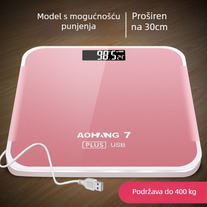 Elektronička kućna vaga s mogućnošću privatne oznake; maksimalna nosivost 180 kg; napajanje putem punjenja/baterije.
