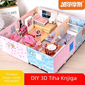 No-Cut 3D tiho sklapanje knjige DIY puzzle — Sklapanje kuće, papirnati paneli; Materijal: papir; Uzrast: 4–6 godina; Scene: spavaća soba, dnevna soba, kuhinja, kupaonica