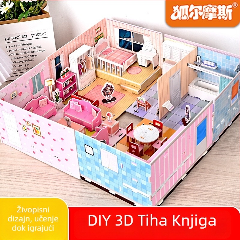 No-Cut 3D tiho sklapanje knjige DIY puzzle — Sklapanje kuće, papirnati paneli; Materijal: papir; Uzrast: 4–6 godina; Scene: spavaća soba, dnevna soba, kuhinja, kupaonica