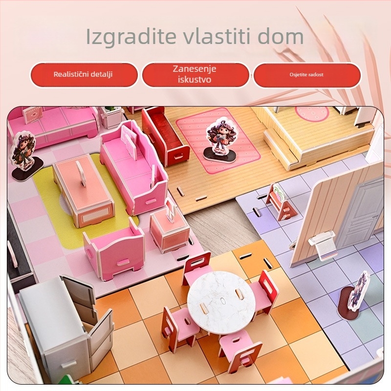 No-Cut 3D tiho sklapanje knjige DIY puzzle — Sklapanje kuće, papirnati paneli; Materijal: papir; Uzrast: 4–6 godina; Scene: spavaća soba, dnevna soba, kuhinja, kupaonica