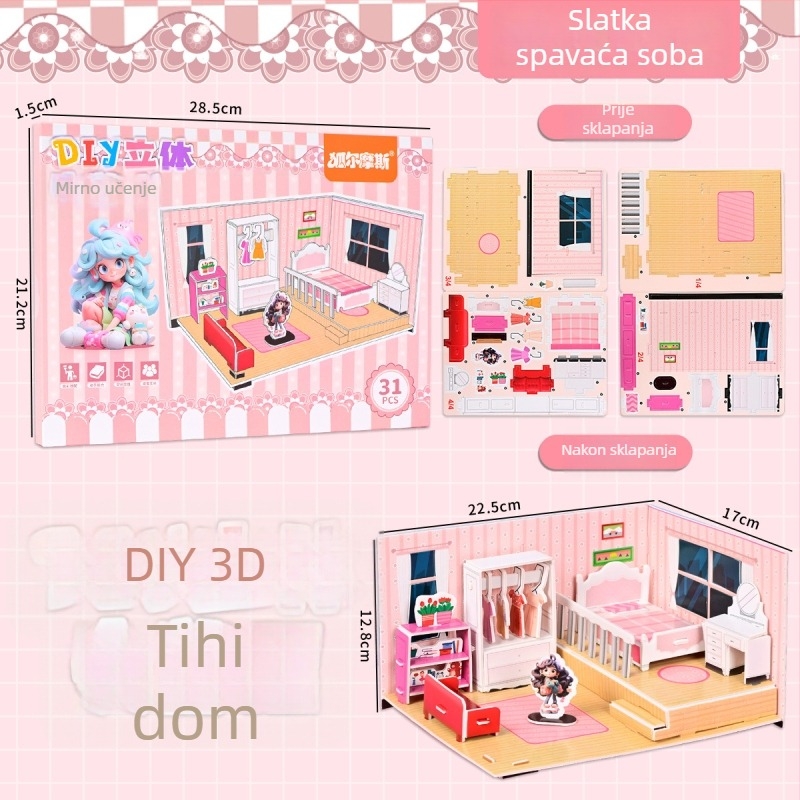 No-Cut 3D tiho sklapanje knjige DIY puzzle — Sklapanje kuće, papirnati paneli; Materijal: papir; Uzrast: 4–6 godina; Scene: spavaća soba, dnevna soba, kuhinja, kupaonica